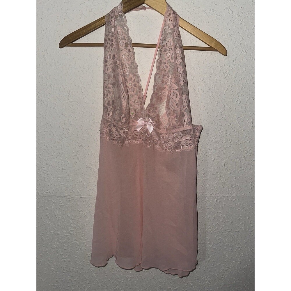 Fredericks of Hollywood Women’s Pink Bejeweled Lace Baby Doll Dress Lingerie Lrg